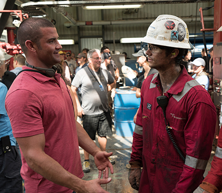 On the set with the real-life Caleb Holloway and Dylan O’Brien, who plays Holloway in the movie, "Deepwater Horizon."
